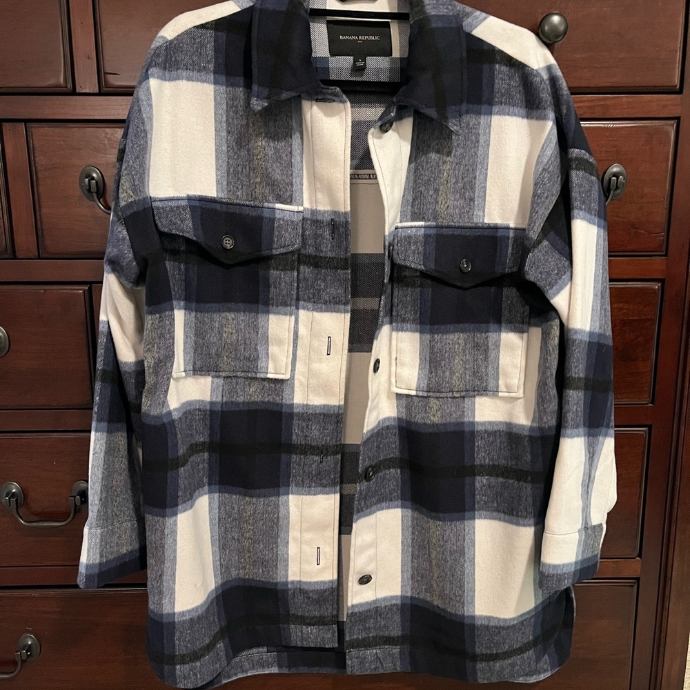 Banana Republic Navy and White Plaid Shirt Jacket